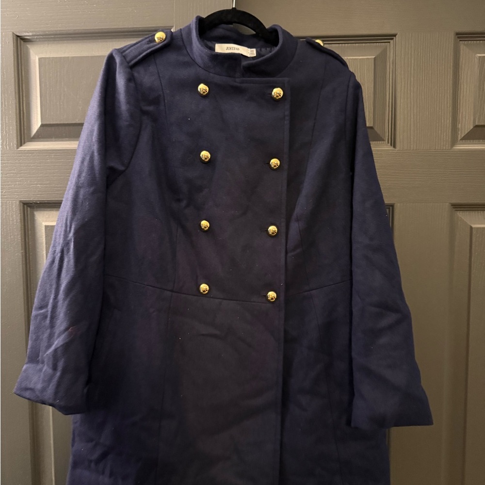 JustFab Navy Double-Breasted Pea Coat with Gold Buttons